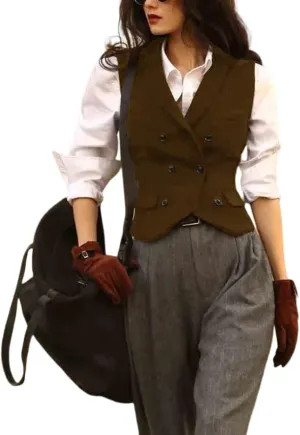 Womens Herringbone Tweed Single Breasted Waistcoat Casual Office Wear Vest Sleeveless Jacket