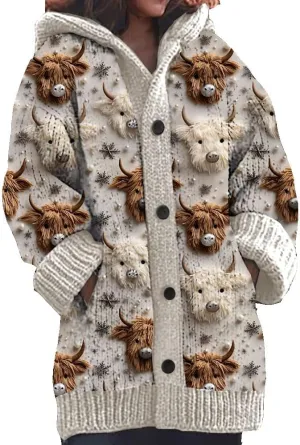 Womens Highland Cow Print Knitted Cardigan Casual Highland Cow Sweater Christmas Cow Cardigan for Women