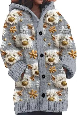 Womens Highland Cow Print Knitted Cardigan Casual Highland Cow Sweater Christmas Cow Cardigan for Women