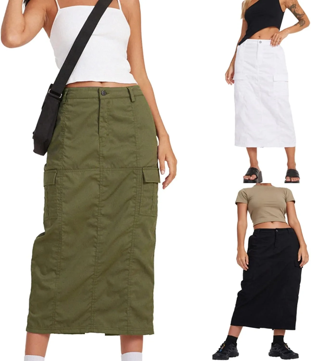 Women's Juniors Cargo Denim Long Skirt High Waisted Stretchy Jean Midi Skirts with Back Slit