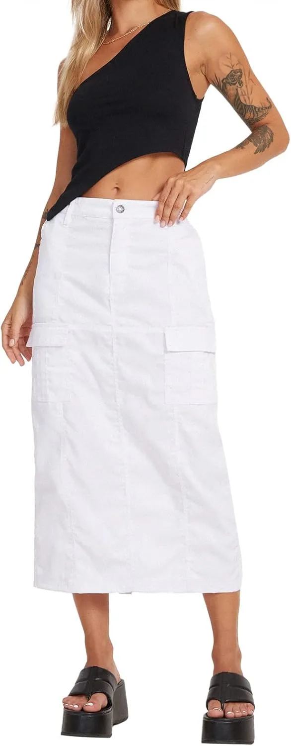 Women's Juniors Cargo Denim Long Skirt High Waisted Stretchy Jean Midi Skirts with Back Slit