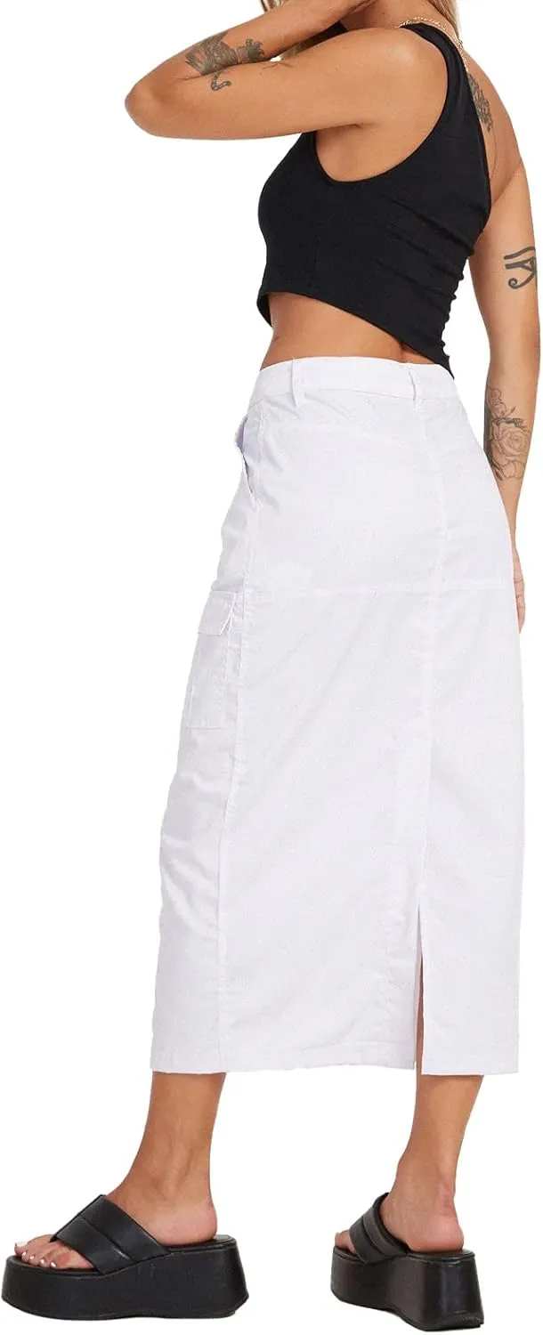 Women's Juniors Cargo Denim Long Skirt High Waisted Stretchy Jean Midi Skirts with Back Slit