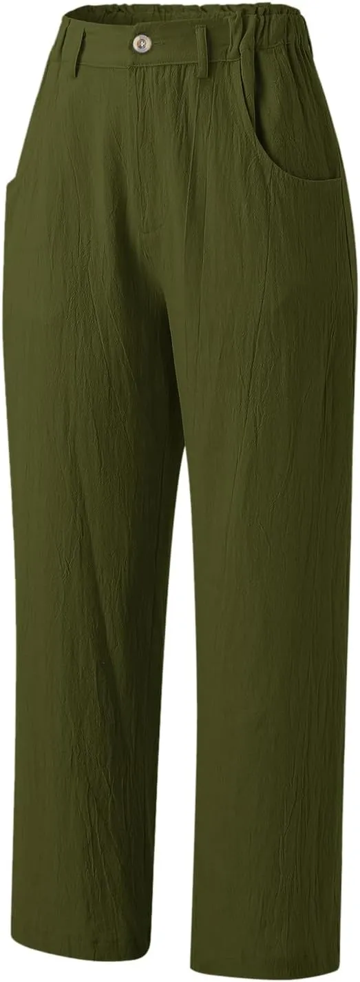 Women's Linen Blend Summer Tie Knot Pant Trousers Elastic Waist Wide Leg Loose Fit Trousers Office