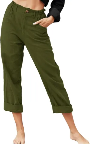 Women's Linen Blend Summer Tie Knot Pant Trousers Elastic Waist Wide Leg Loose Fit Trousers Office