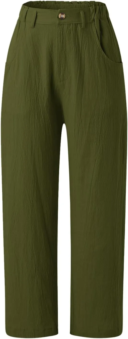 Women's Linen Blend Summer Tie Knot Pant Trousers Elastic Waist Wide Leg Loose Fit Trousers Office