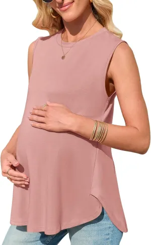 Women's Maternity Tank Top Summer Sleeveless Crewneck Pregnancy Shirts Side Split Maternity Clothes