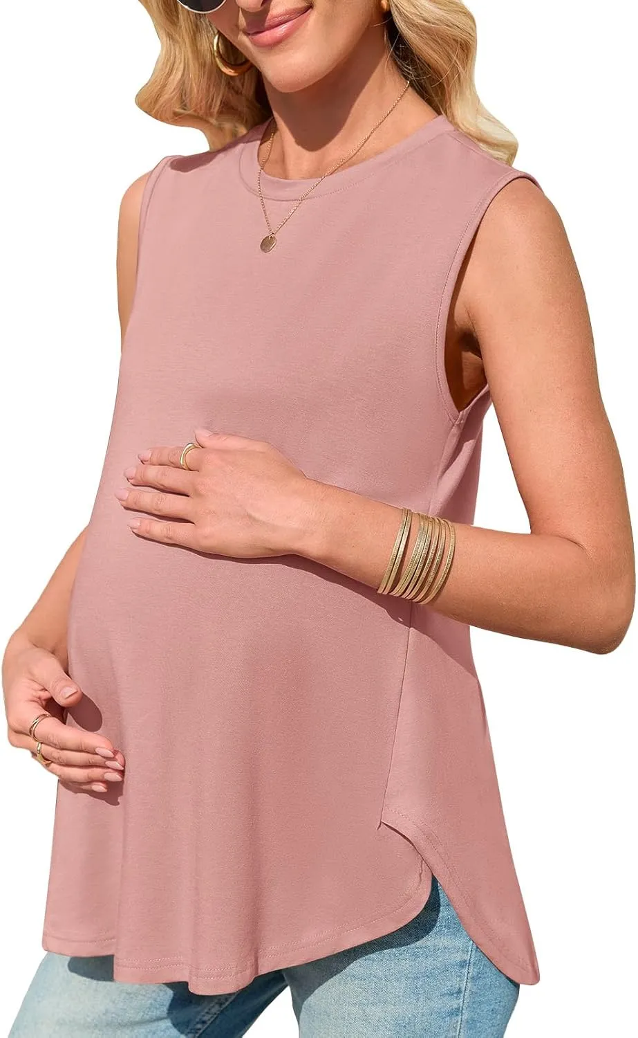Women's Maternity Tank Top Summer Sleeveless Crewneck Pregnancy Shirts Side Split Maternity Clothes