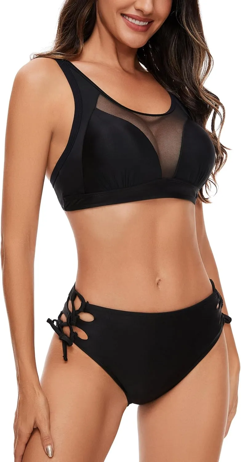 Women's Mesh Bikini Swimsuit Set Light Support Top Medium Waist Bottom Bathing Suit