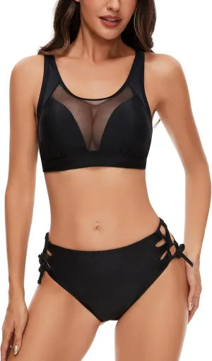 Women's Mesh Bikini Swimsuit Set Light Support Top Medium Waist Bottom Bathing Suit