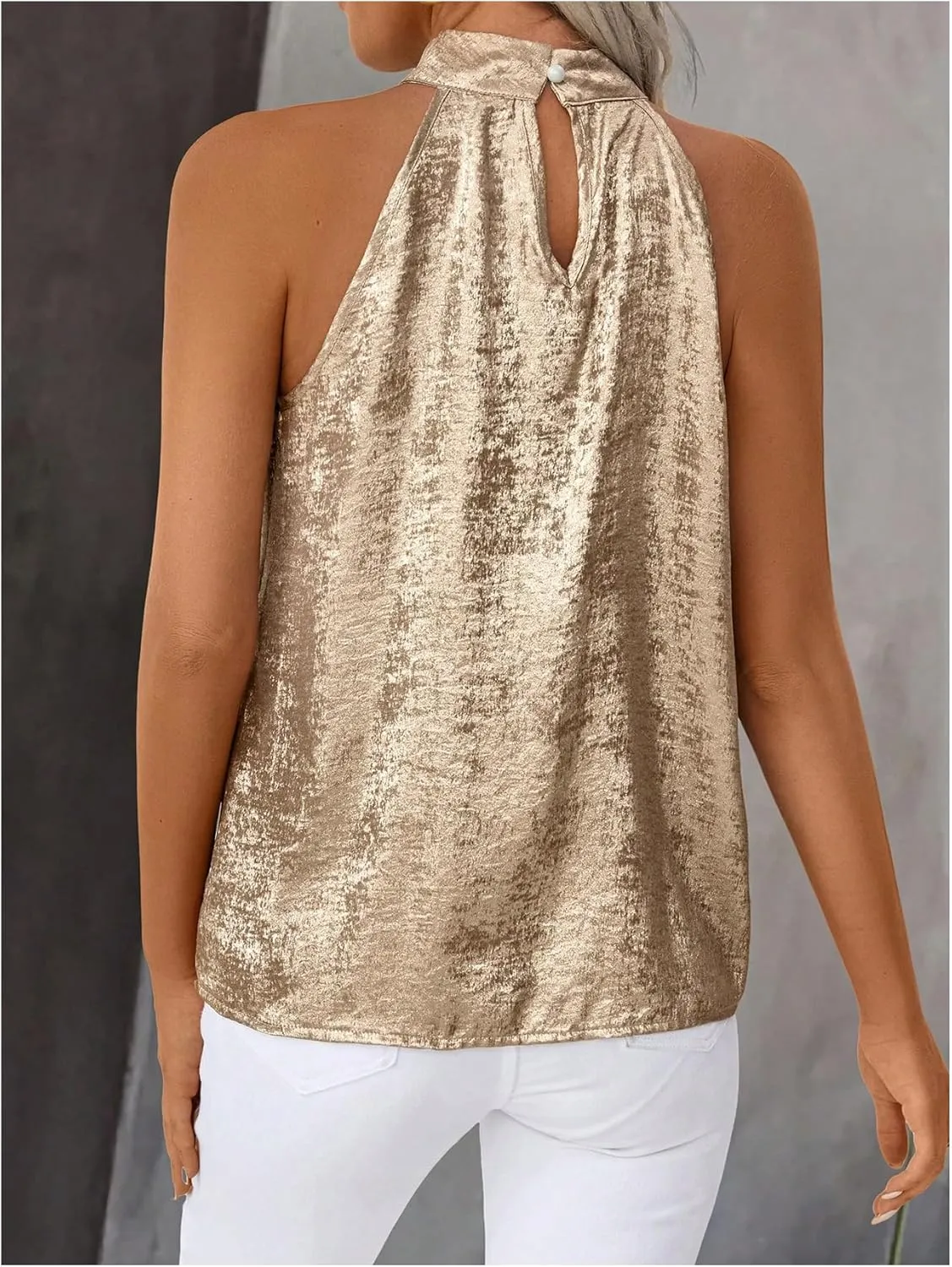 Women's Metallic Sleeveless Halter Tops Pleated Elegant Tank Top Casual Summer Work Shirts
