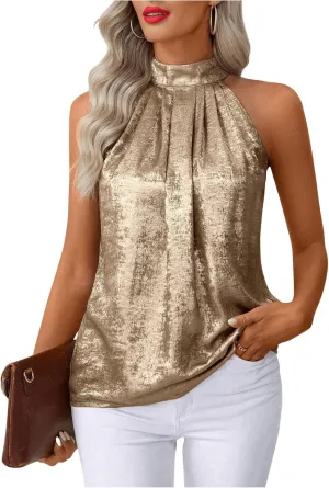 Women's Metallic Sleeveless Halter Tops Pleated Elegant Tank Top Casual Summer Work Shirts