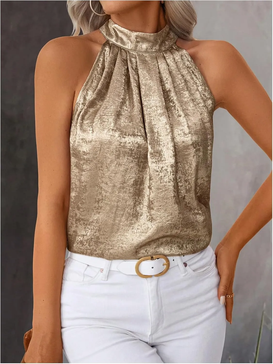 Women's Metallic Sleeveless Halter Tops Pleated Elegant Tank Top Casual Summer Work Shirts