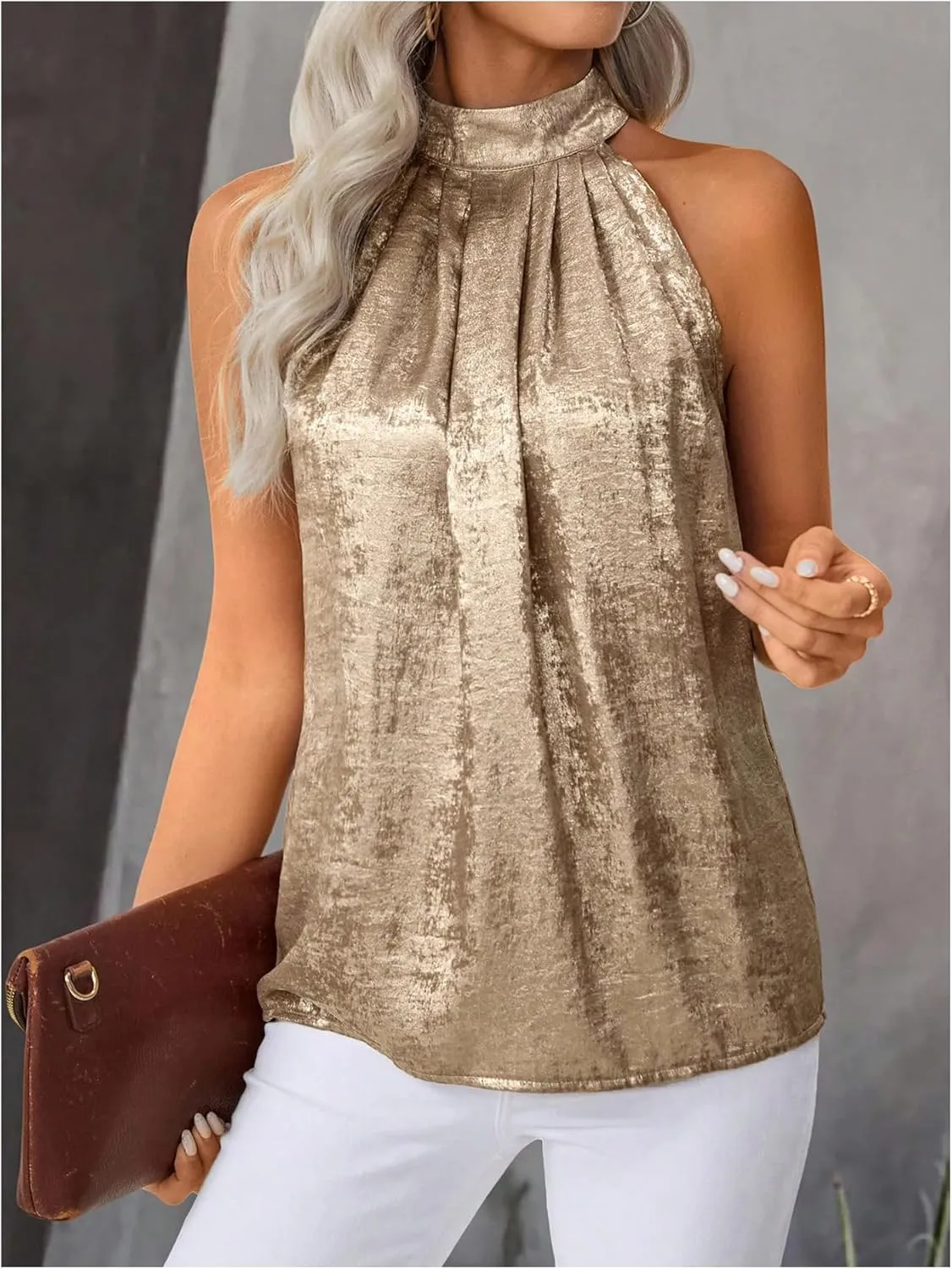 Women's Metallic Sleeveless Halter Tops Pleated Elegant Tank Top Casual Summer Work Shirts