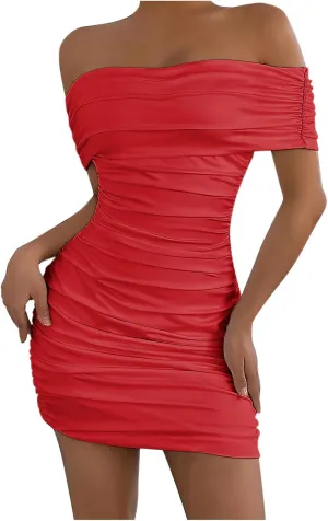 Womens Off The Shoulder Midi Dress Summer Casual Slim Fit Smocked Pleated Formal Party Evening Club Cocktail Dresses