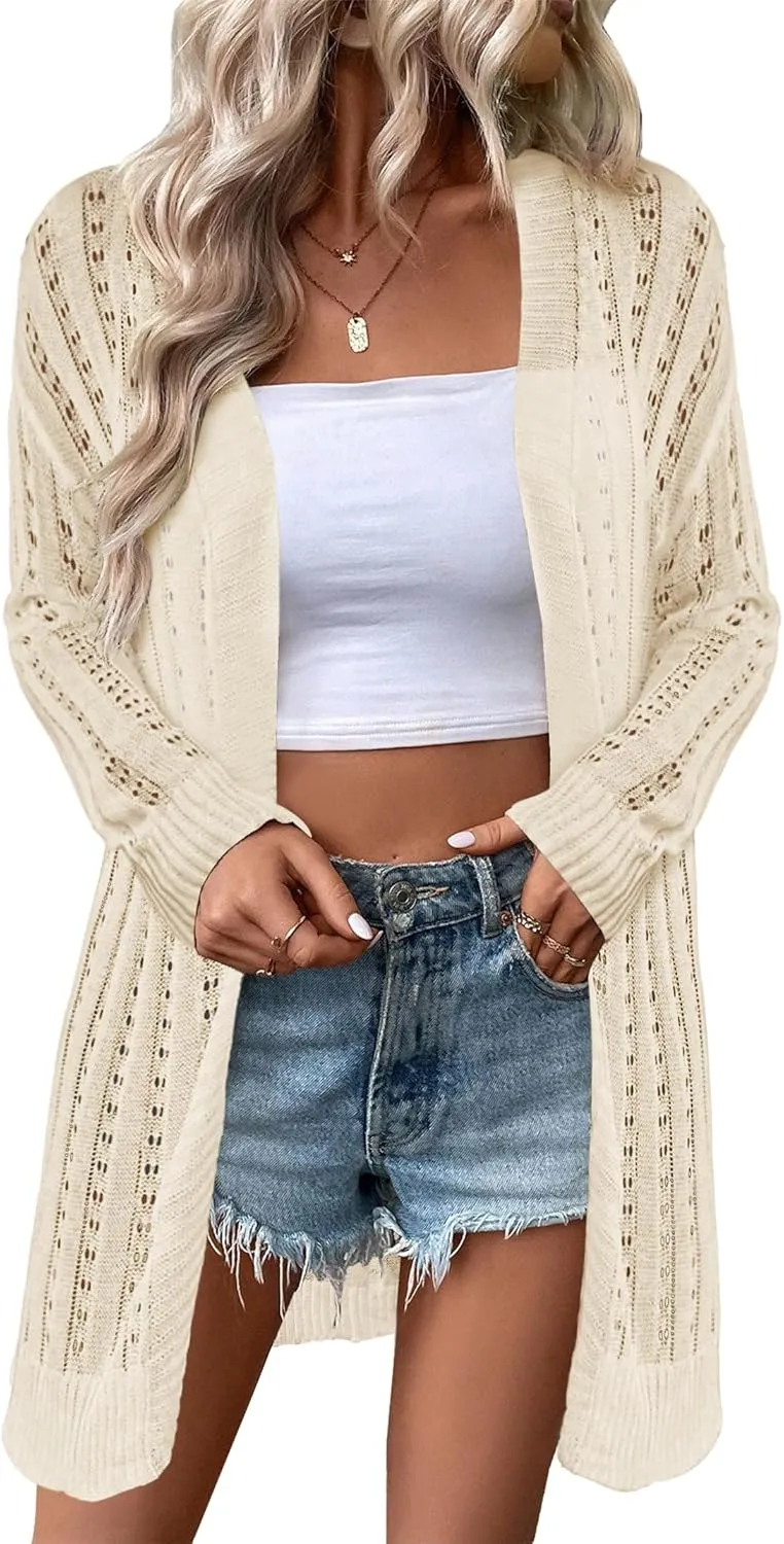 Womens Open Front Lightweight Cardigan Sweaters Crochet Long Sleeve Cardigans Summer Boho Beach Swimsuit Cover Up