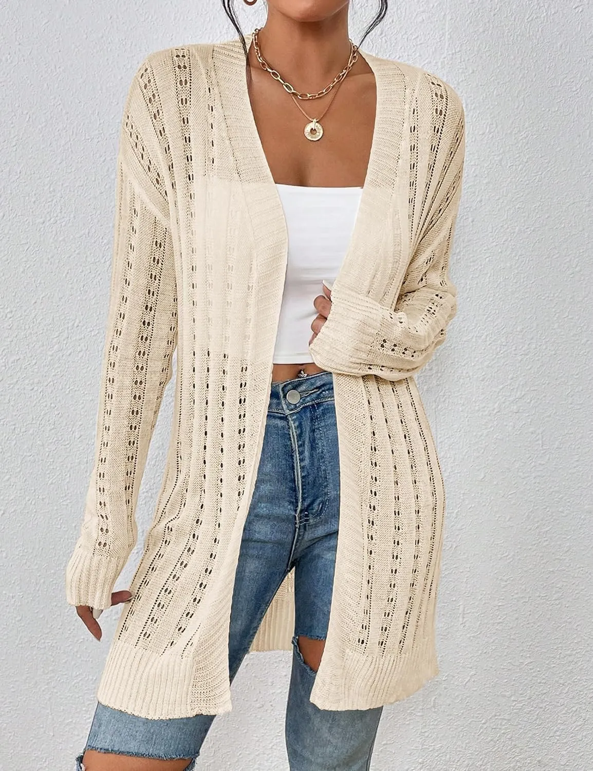 Womens Open Front Lightweight Cardigan Sweaters Crochet Long Sleeve Cardigans Summer Boho Beach Swimsuit Cover Up
