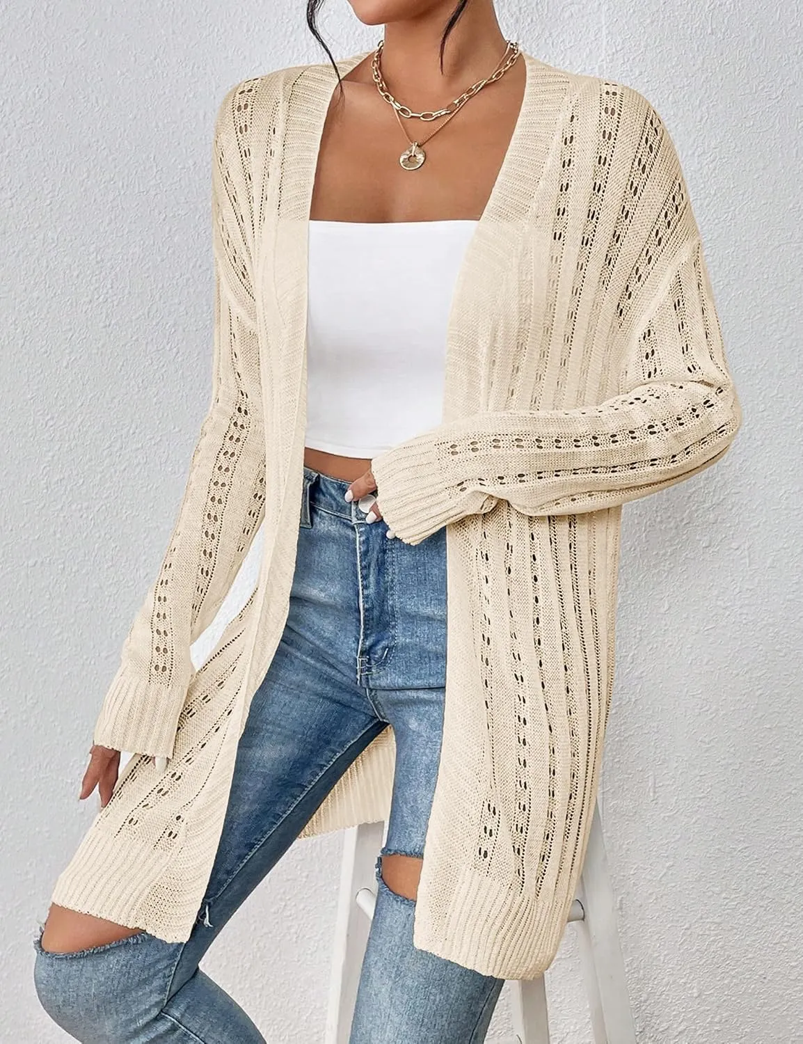 Womens Open Front Lightweight Cardigan Sweaters Crochet Long Sleeve Cardigans Summer Boho Beach Swimsuit Cover Up
