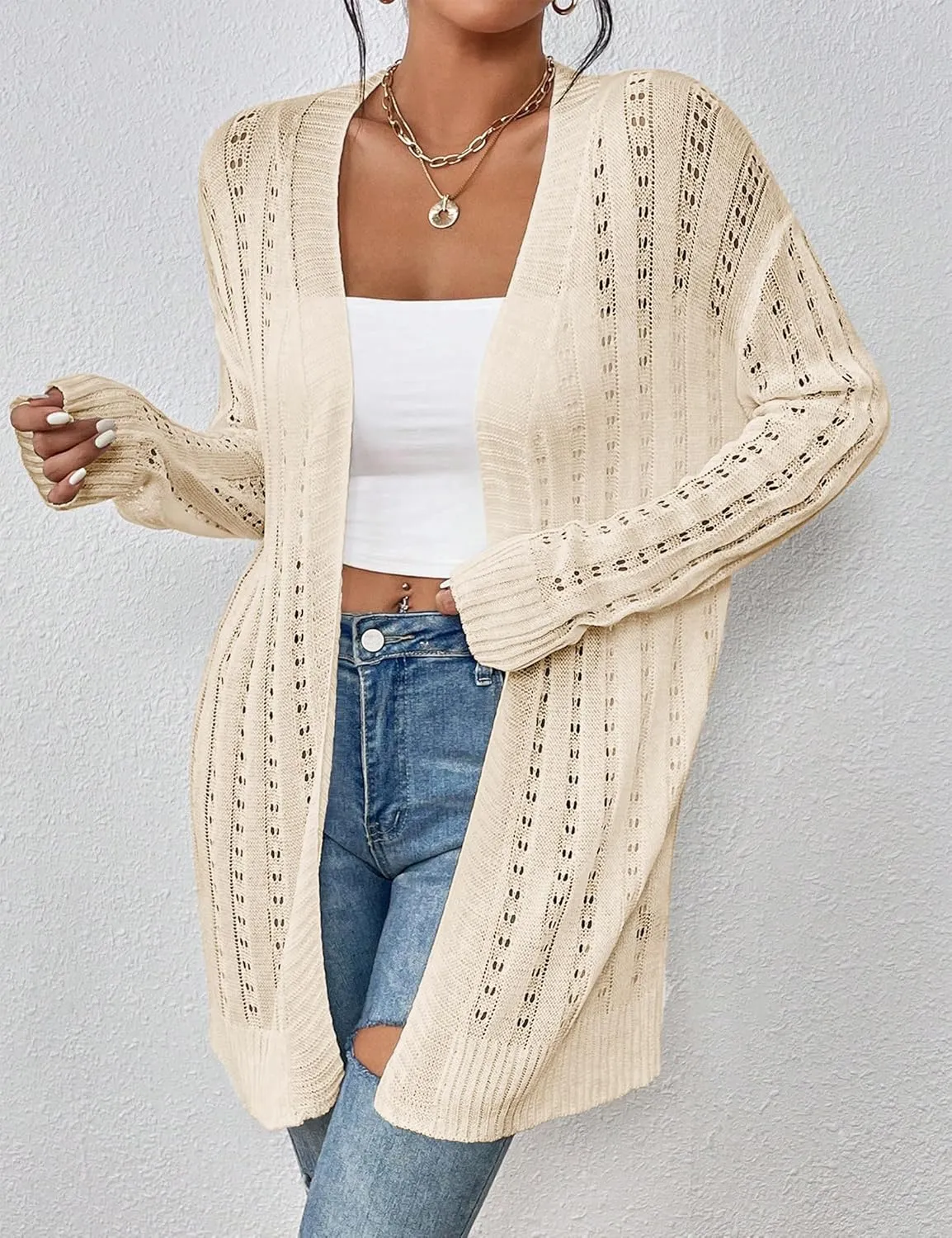 Womens Open Front Lightweight Cardigan Sweaters Crochet Long Sleeve Cardigans Summer Boho Beach Swimsuit Cover Up