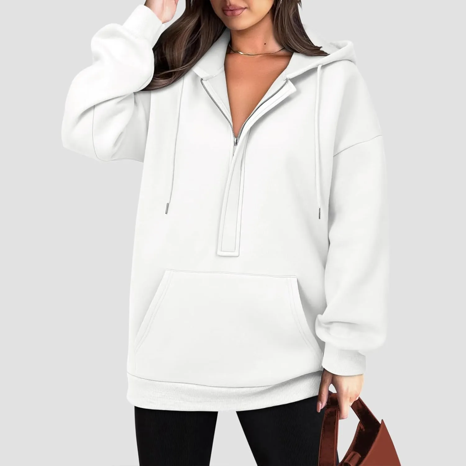 Womens Oversize Hoodies Basic Solid Sweatshirts Long Sleeve Half Zip Collar Drawstring Pullover with Kangaroo Pockets