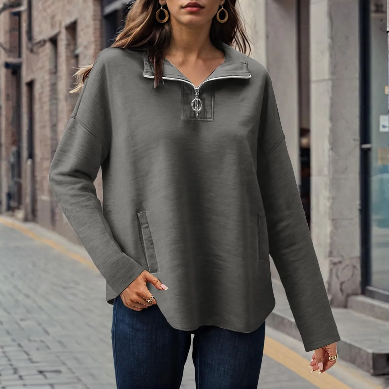 Women's Oversized Hoodies Casual Long Sleeve Half Zipper Pocket Sweatshirt Pullover Tops