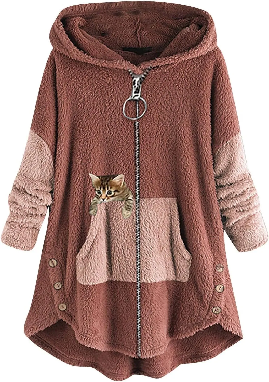 Women's Oversized Zip Up Sherpa Hoodie Fuzzy Fleece Jacket Cat Kitty Print Lightweight Faux Shearling A Line Teddy Coat