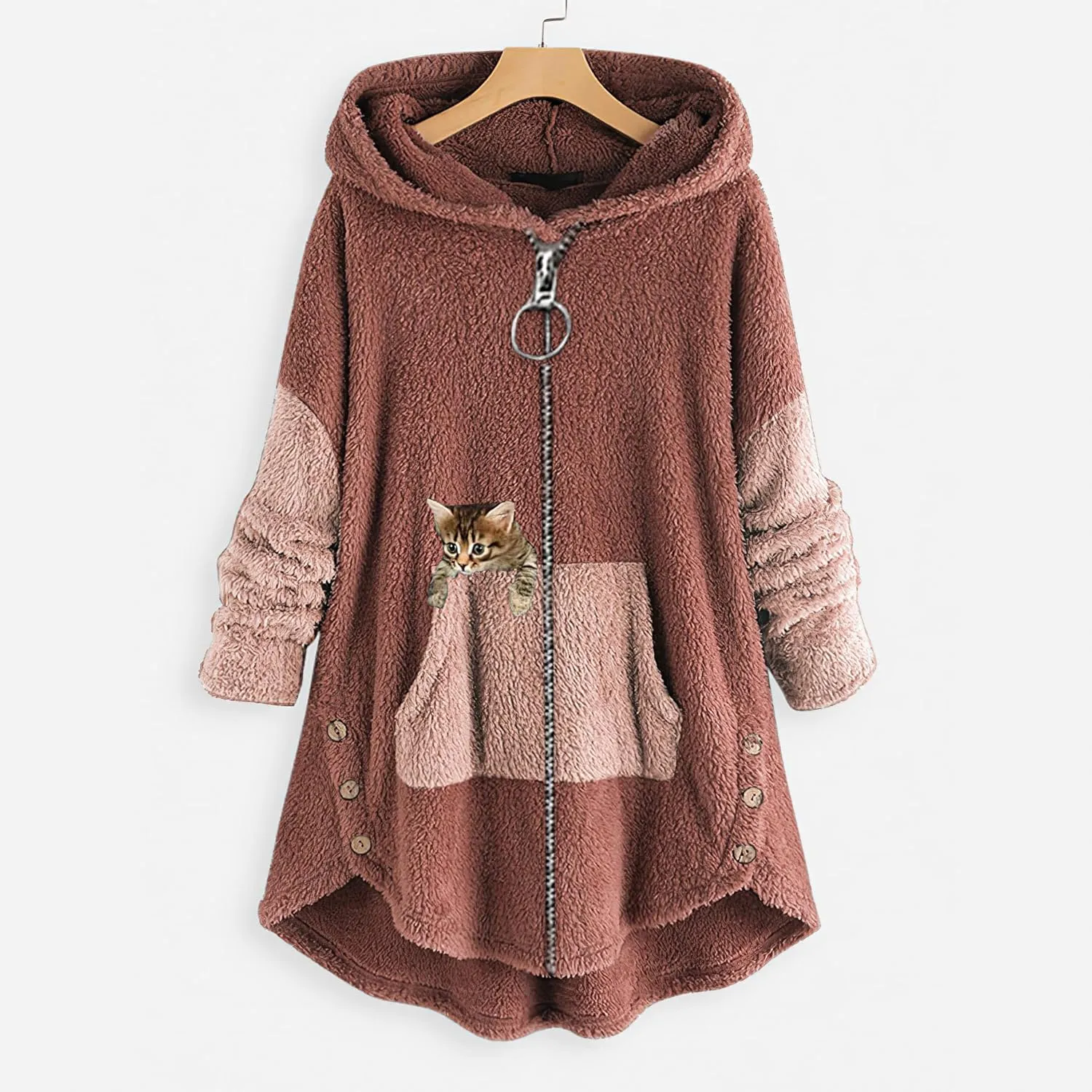 Women's Oversized Zip Up Sherpa Hoodie Fuzzy Fleece Jacket Cat Kitty Print Lightweight Faux Shearling A Line Teddy Coat