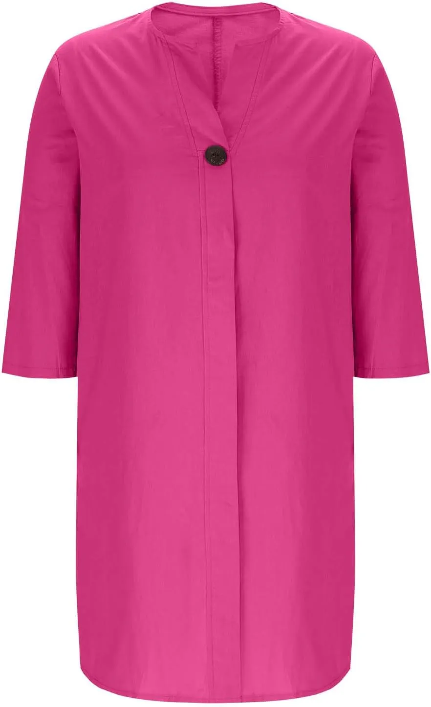 Womens Plus Size Linen Midi Dresses Summer Trendy 3/4 Sleeve Dresses Casual Loose Side Split V Neck T Shirt Dress