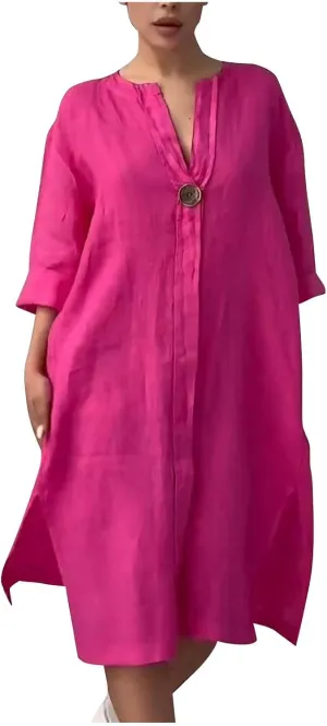 Womens Plus Size Linen Midi Dresses Summer Trendy 3/4 Sleeve Dresses Casual Loose Side Split V Neck T Shirt Dress
