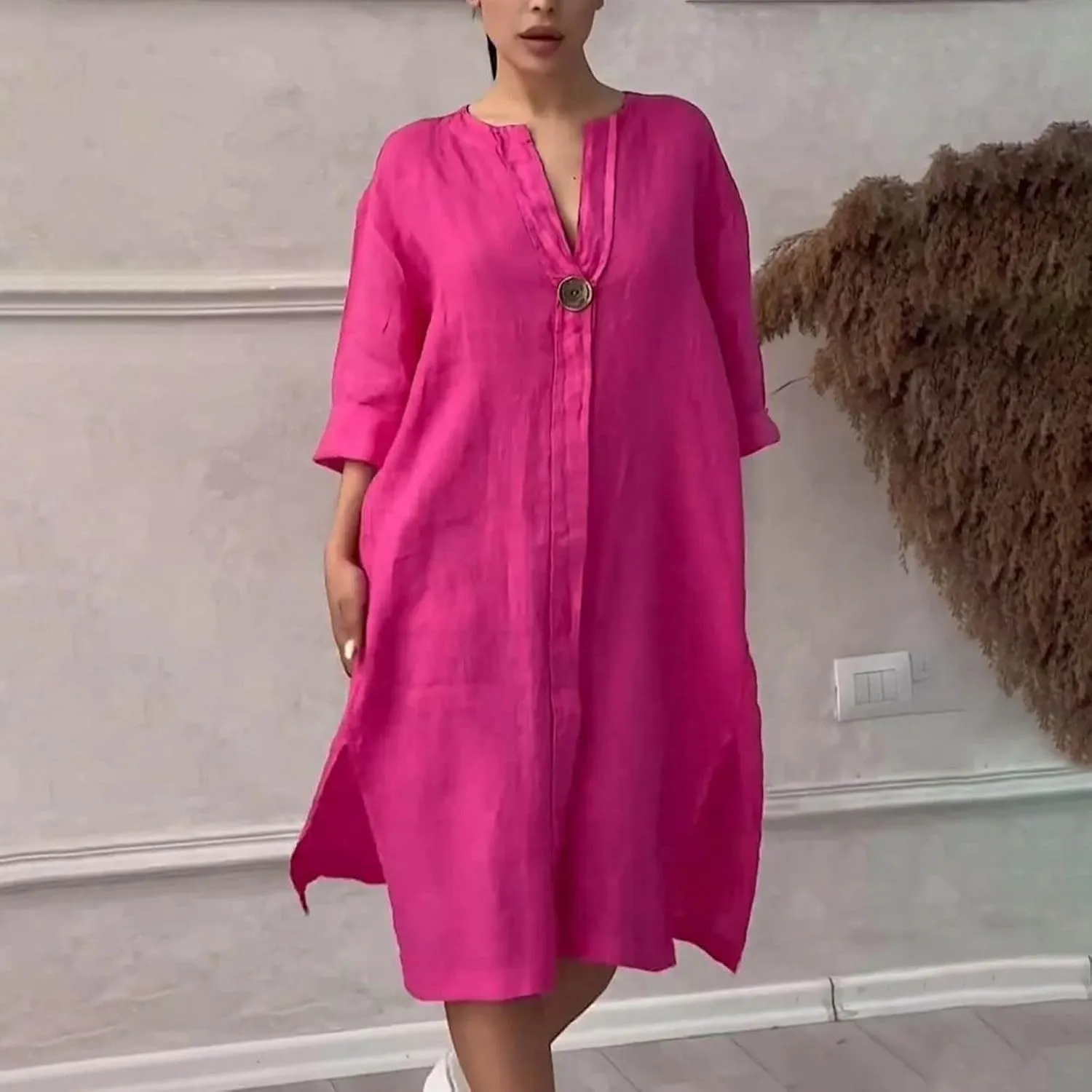 Womens Plus Size Linen Midi Dresses Summer Trendy 3/4 Sleeve Dresses Casual Loose Side Split V Neck T Shirt Dress