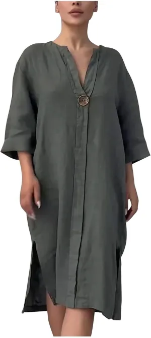 Womens Plus Size Summer Dress Cotton Linen Trendy 3/4 Sleeve Dresses Casual Loose Side Split V Neck Midi Shirt Dress