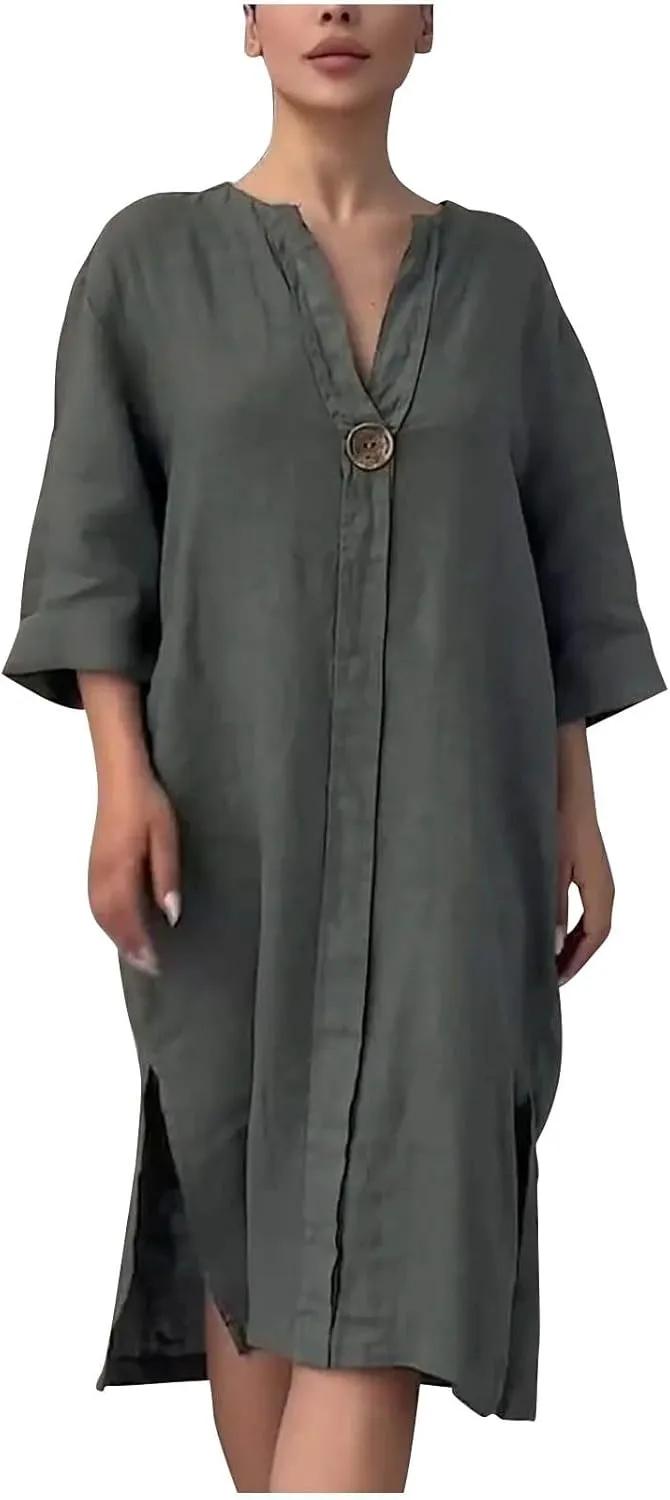 Womens Plus Size Summer Dress Cotton Linen Trendy 3/4 Sleeve Dresses Casual Loose Side Split V Neck Midi Shirt Dress