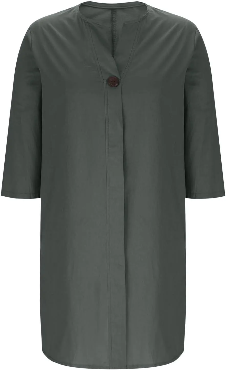 Womens Plus Size Summer Dress Cotton Linen Trendy 3/4 Sleeve Dresses Casual Loose Side Split V Neck Midi Shirt Dress
