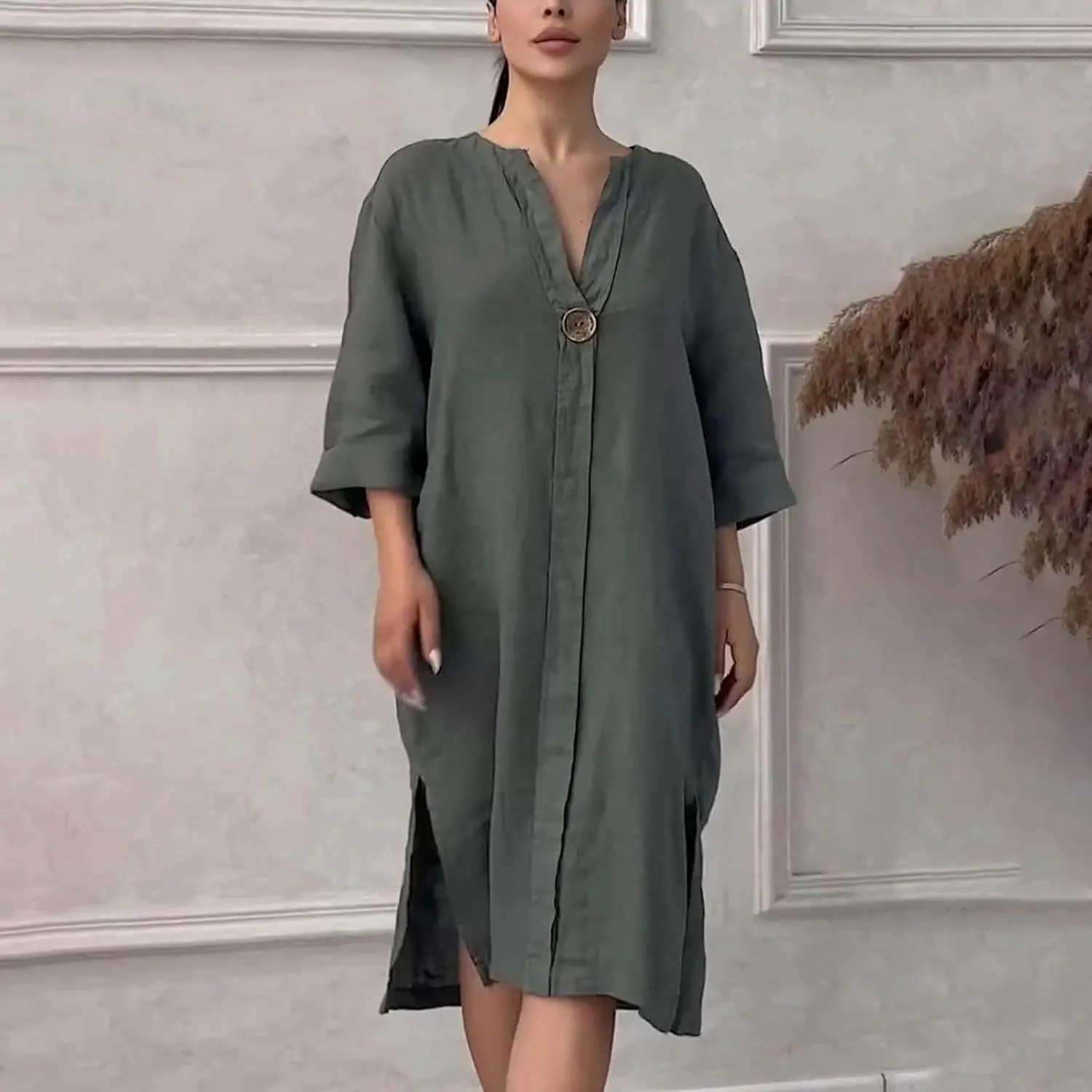 Womens Plus Size Summer Dress Cotton Linen Trendy 3/4 Sleeve Dresses Casual Loose Side Split V Neck Midi Shirt Dress