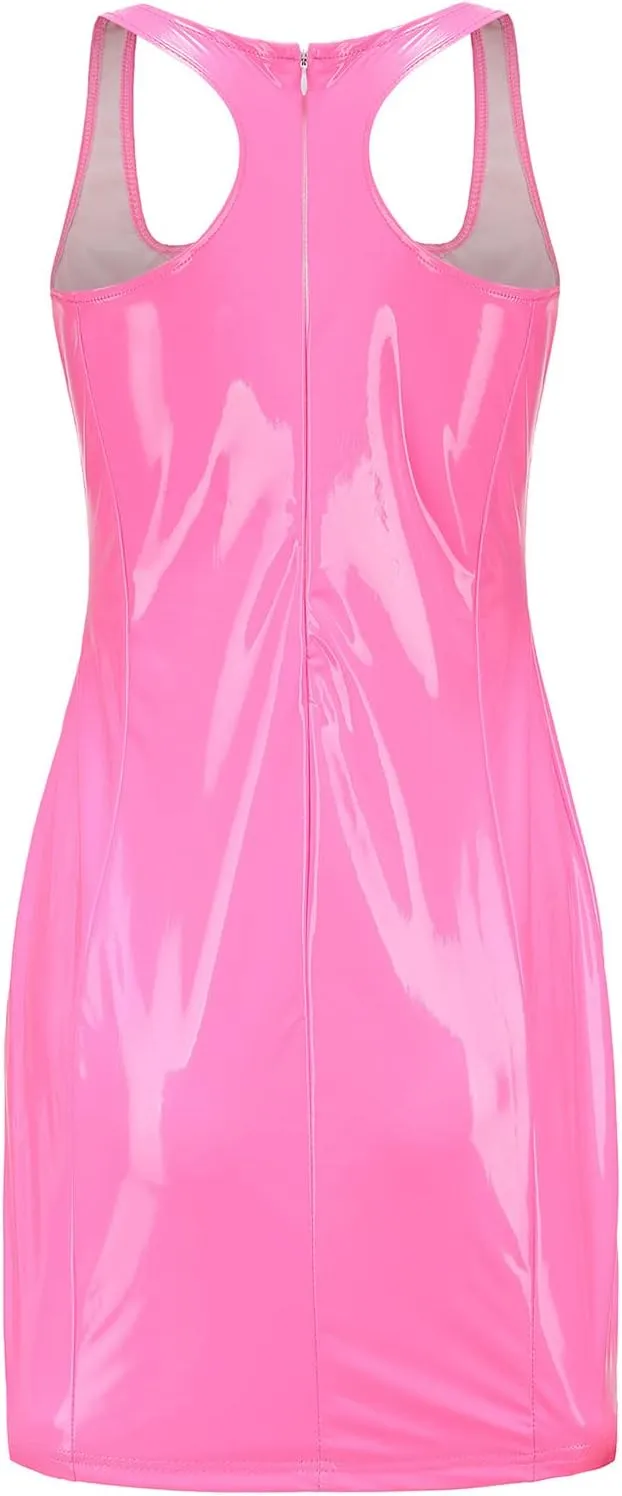 Womens Ribbed Scoop Neck Sleeveless Tank Dresses Basic Bodycon Mini Dress Leather Skirt Tight Dresses Party Club Sexy Dresses