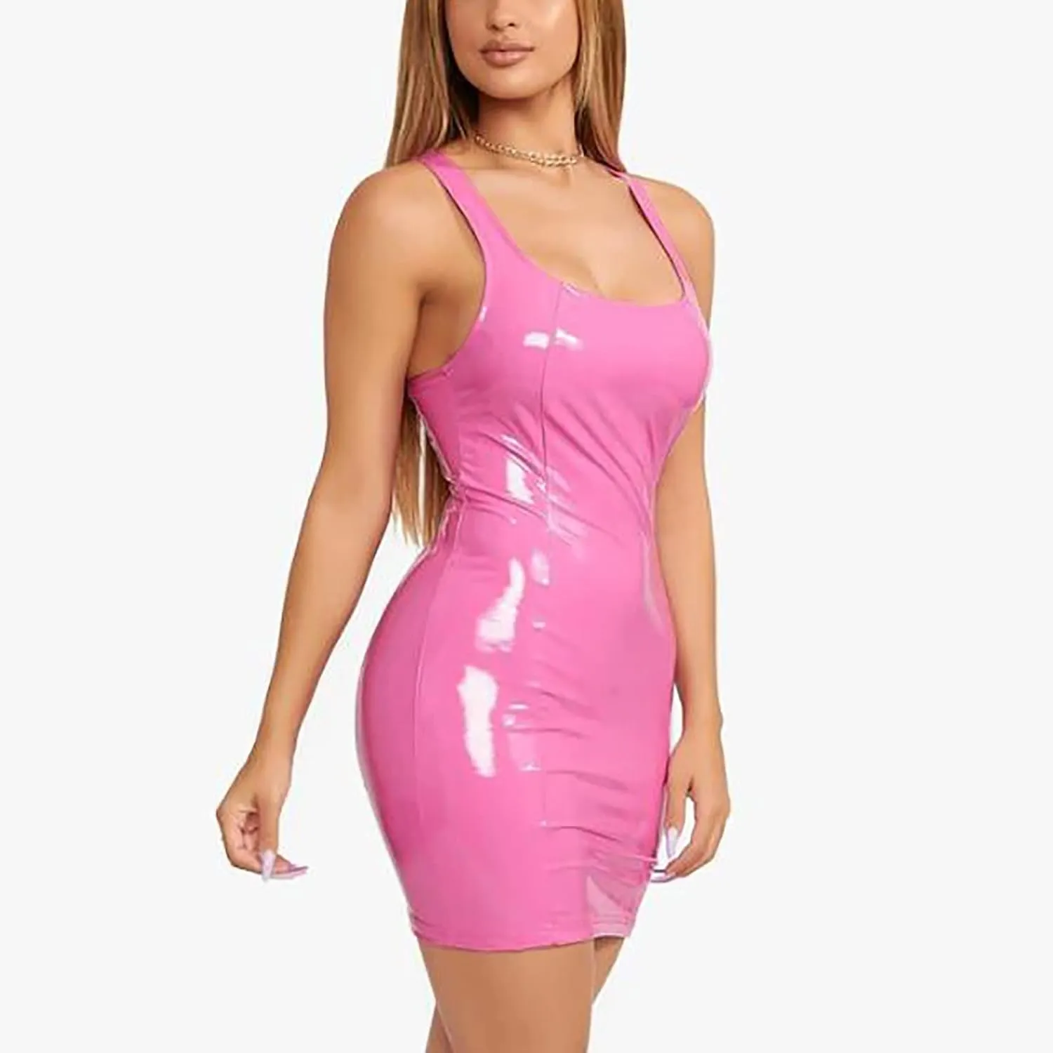 Womens Ribbed Scoop Neck Sleeveless Tank Dresses Basic Bodycon Mini Dress Leather Skirt Tight Dresses Party Club Sexy Dresses