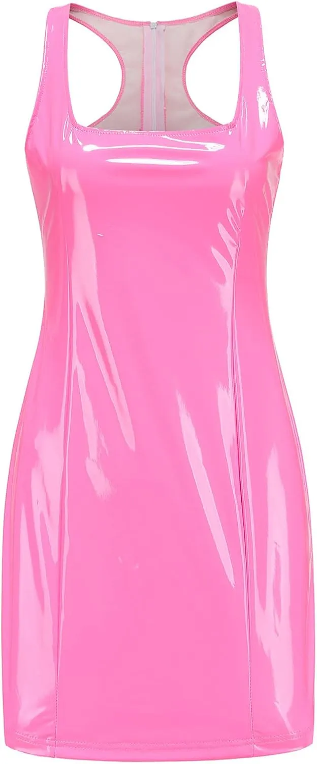 Womens Ribbed Scoop Neck Sleeveless Tank Dresses Basic Bodycon Mini Dress Leather Skirt Tight Dresses Party Club Sexy Dresses