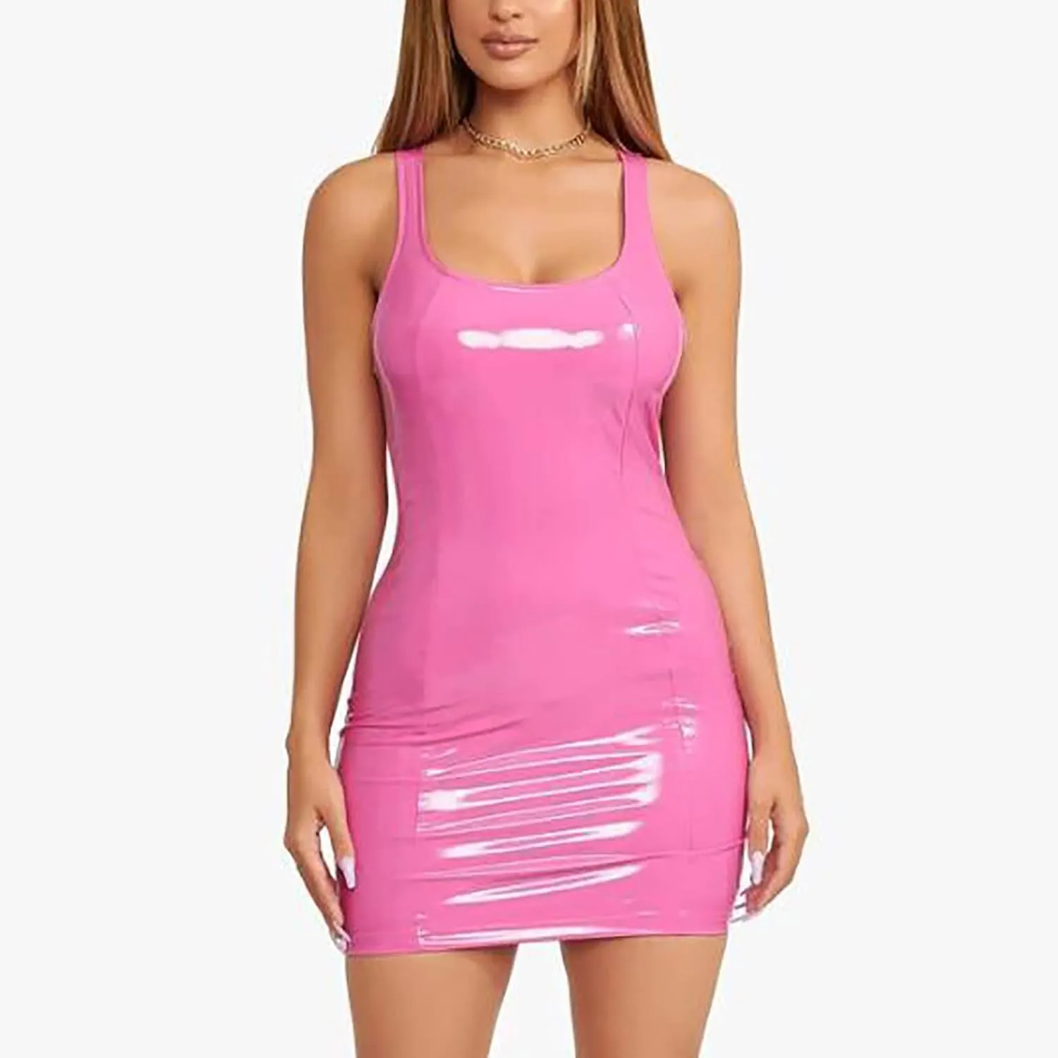 Womens Ribbed Scoop Neck Sleeveless Tank Dresses Basic Bodycon Mini Dress Leather Skirt Tight Dresses Party Club Sexy Dresses