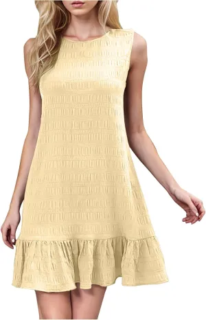 Women's Ruffle Hem Sleeveless Tank Dress Round Neck Casual Smock Summer Mini Dresses Trendy Solid Color Beach Sundress