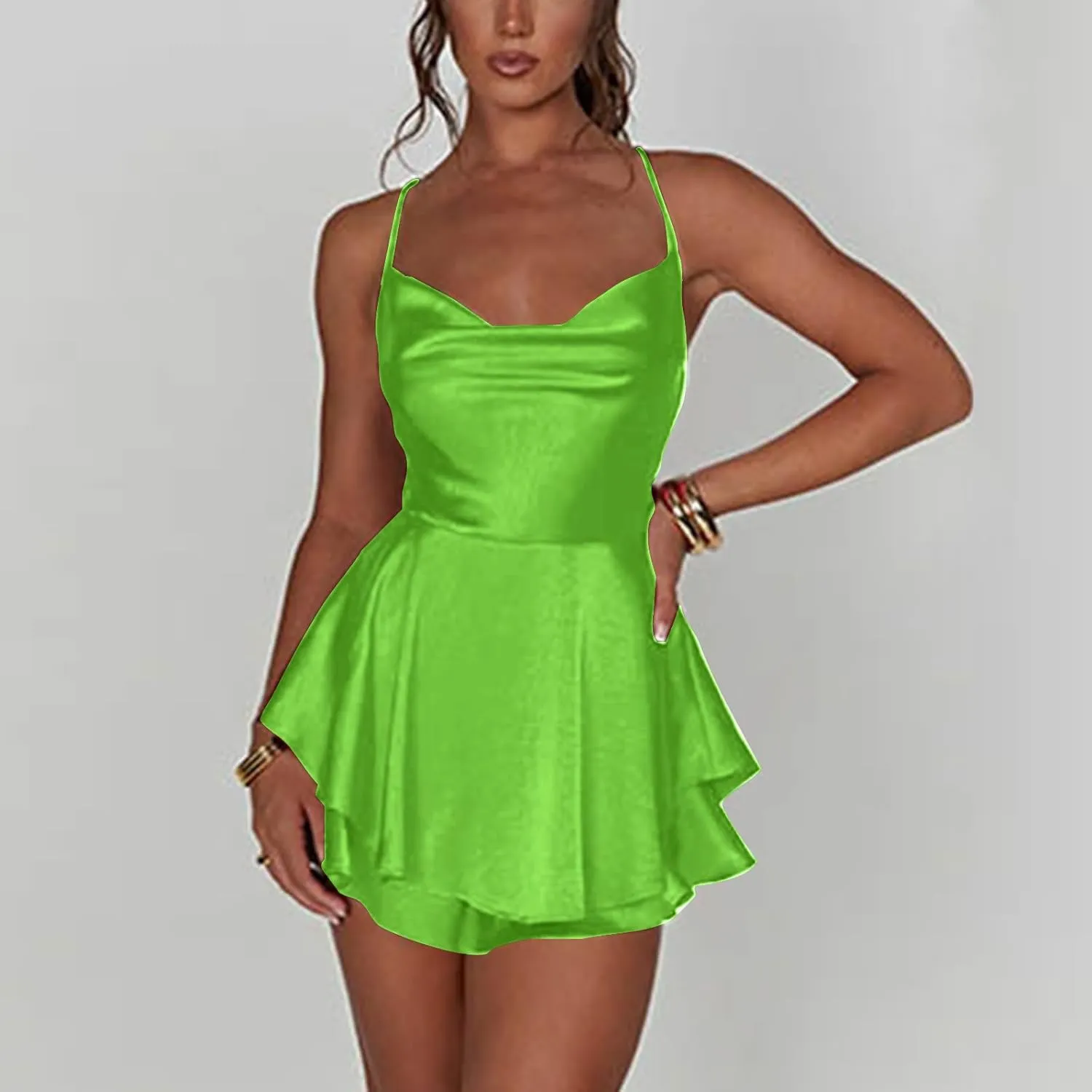 Women's Sexy Criss Cross Lace Up Backless Spaghetti Strap Mini Dress Sleeveless Bodycon Double Layer Ruffle Dresses