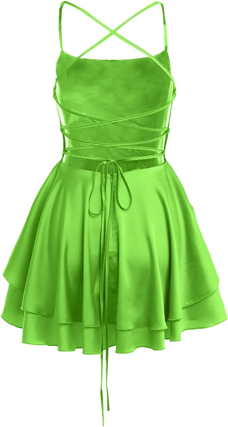 Women's Sexy Criss Cross Lace Up Backless Spaghetti Strap Mini Dress Sleeveless Bodycon Double Layer Ruffle Dresses