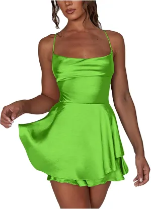 Women's Sexy Criss Cross Lace Up Backless Spaghetti Strap Mini Dress Sleeveless Bodycon Double Layer Ruffle Dresses