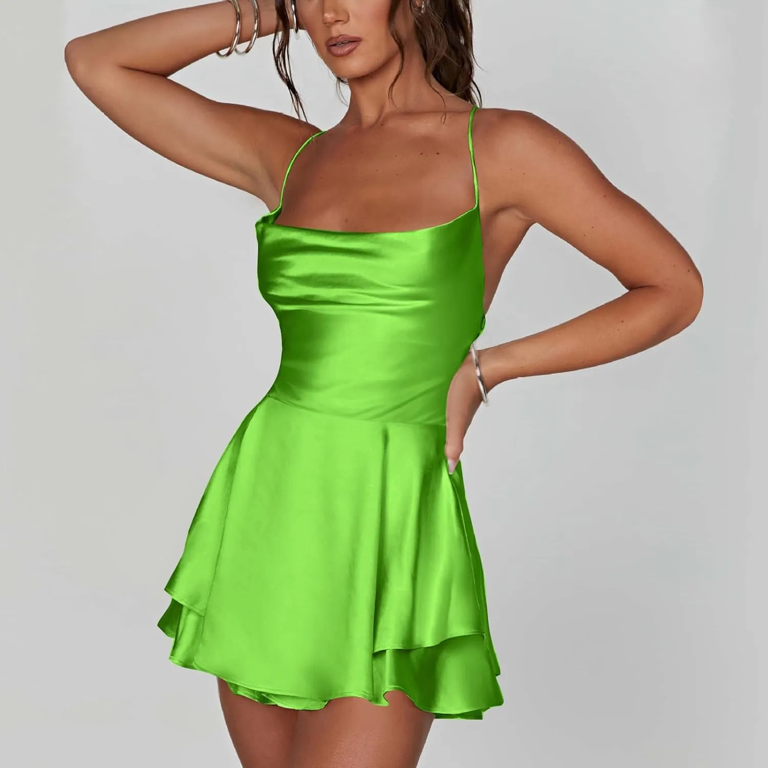 Women's Sexy Criss Cross Lace Up Backless Spaghetti Strap Mini Dress Sleeveless Bodycon Double Layer Ruffle Dresses