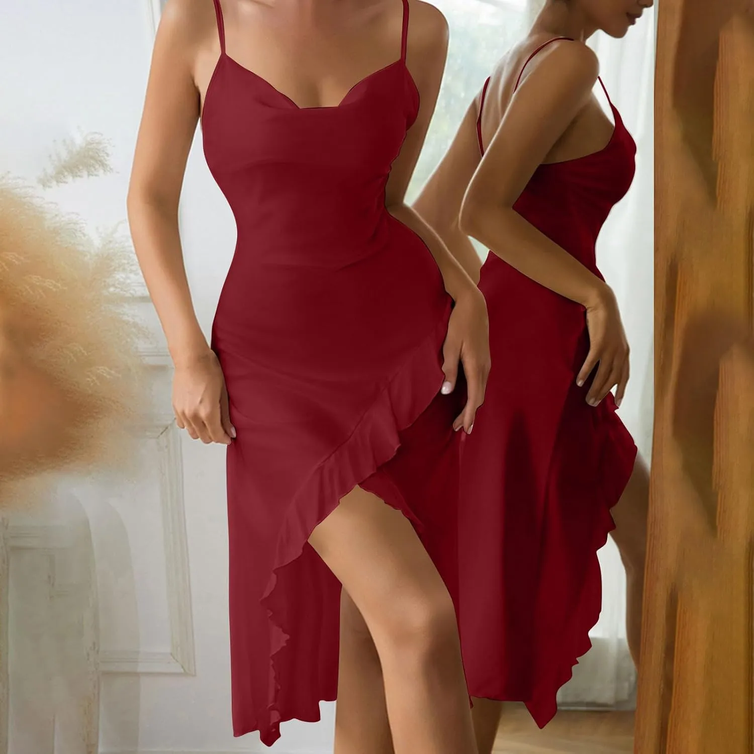 Womens Sexy V-Neck Satin Party Cocktail Midi Dress Sleeveless Slit Front Bodycon Wrap Ruffle Mermaid Formal Dresses