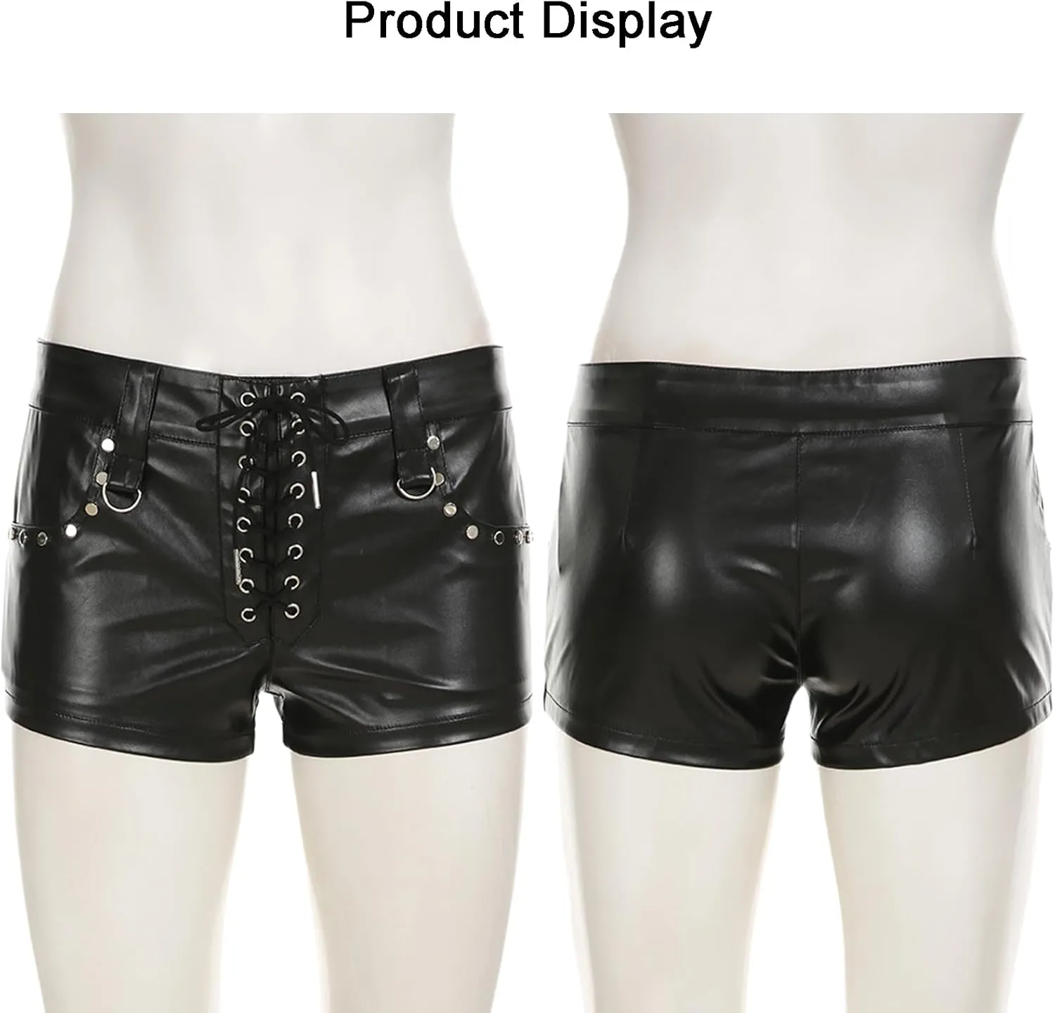 Women's Sexy Y2K Low Waist Faux Leather Shorts Drawstring Lace Up Grommet Club Party Mini Shorts Hot Pants