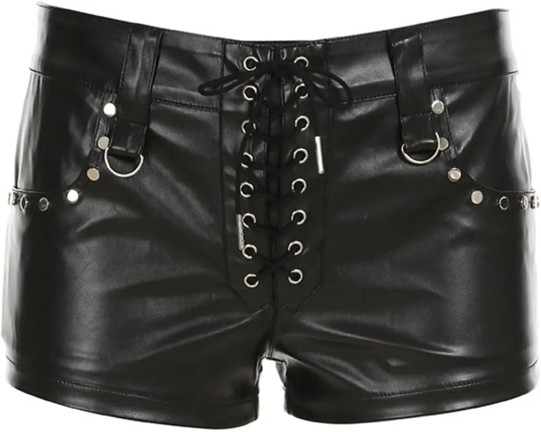 Women's Sexy Y2K Low Waist Faux Leather Shorts Drawstring Lace Up Grommet Club Party Mini Shorts Hot Pants