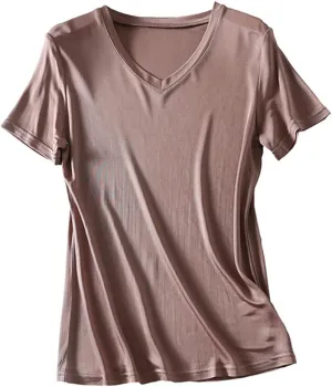 Womens Silk T Shirt Short Sleeve V-Neck Top Undershirt Breathable Mulberry Silk Tee Basic Tops