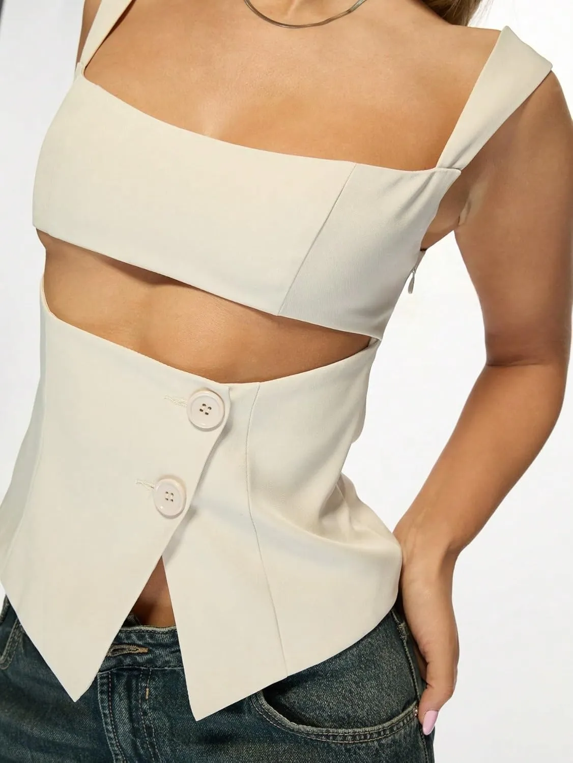 Womens Sleeveless Camisole Tank Tops Blouse Casual Asymmetrical Square Neck Cut-Out Top