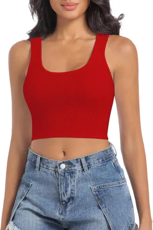 Women's Sleeveless Ribbed Crop Tops Crew Neck Stretchy Casual Basic Fitted Tank Top