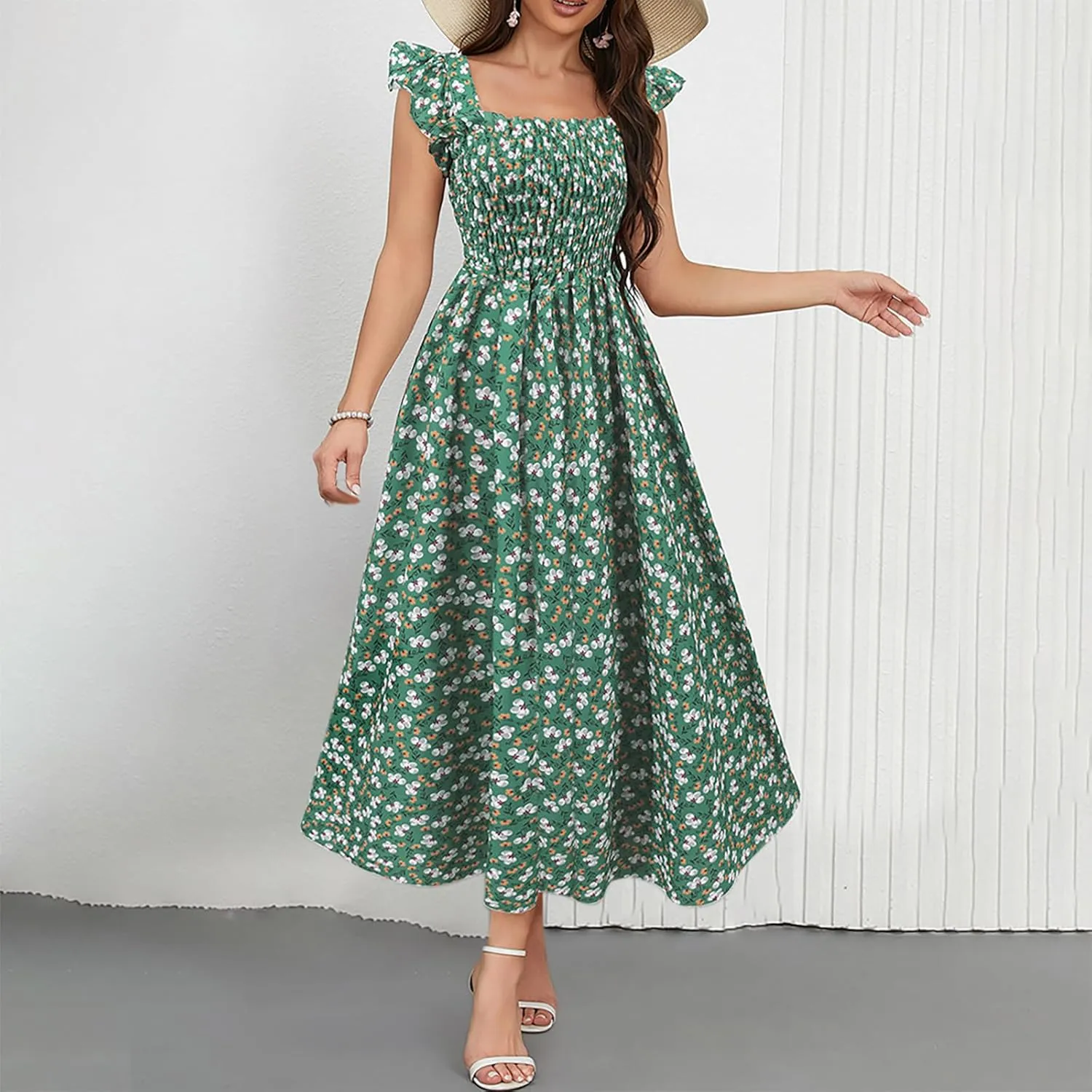 Womens Smocked Dresses Casual Wrap V Neck Ruffle Short Sleeve Floral Flowy Dress Wedding Guest A-Line Maxi Dress