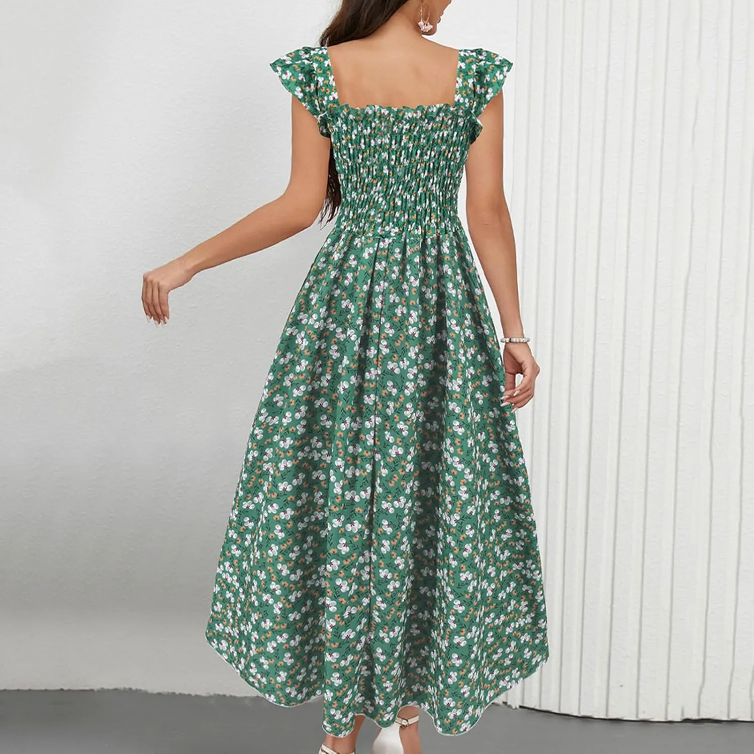Womens Smocked Dresses Casual Wrap V Neck Ruffle Short Sleeve Floral Flowy Dress Wedding Guest A-Line Maxi Dress